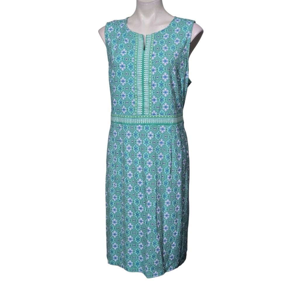 Talbots dress XL green Medallion Print Sleeveless Sheath stretch Knee Length